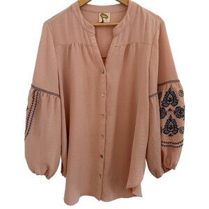 Fig & Flower Womens Anthro Blush Embroidered Boho‎ Button-Down Blouse Size 2 XL